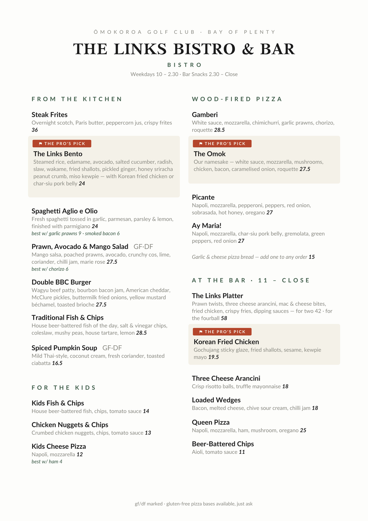 The Links Ōmokoroa menu