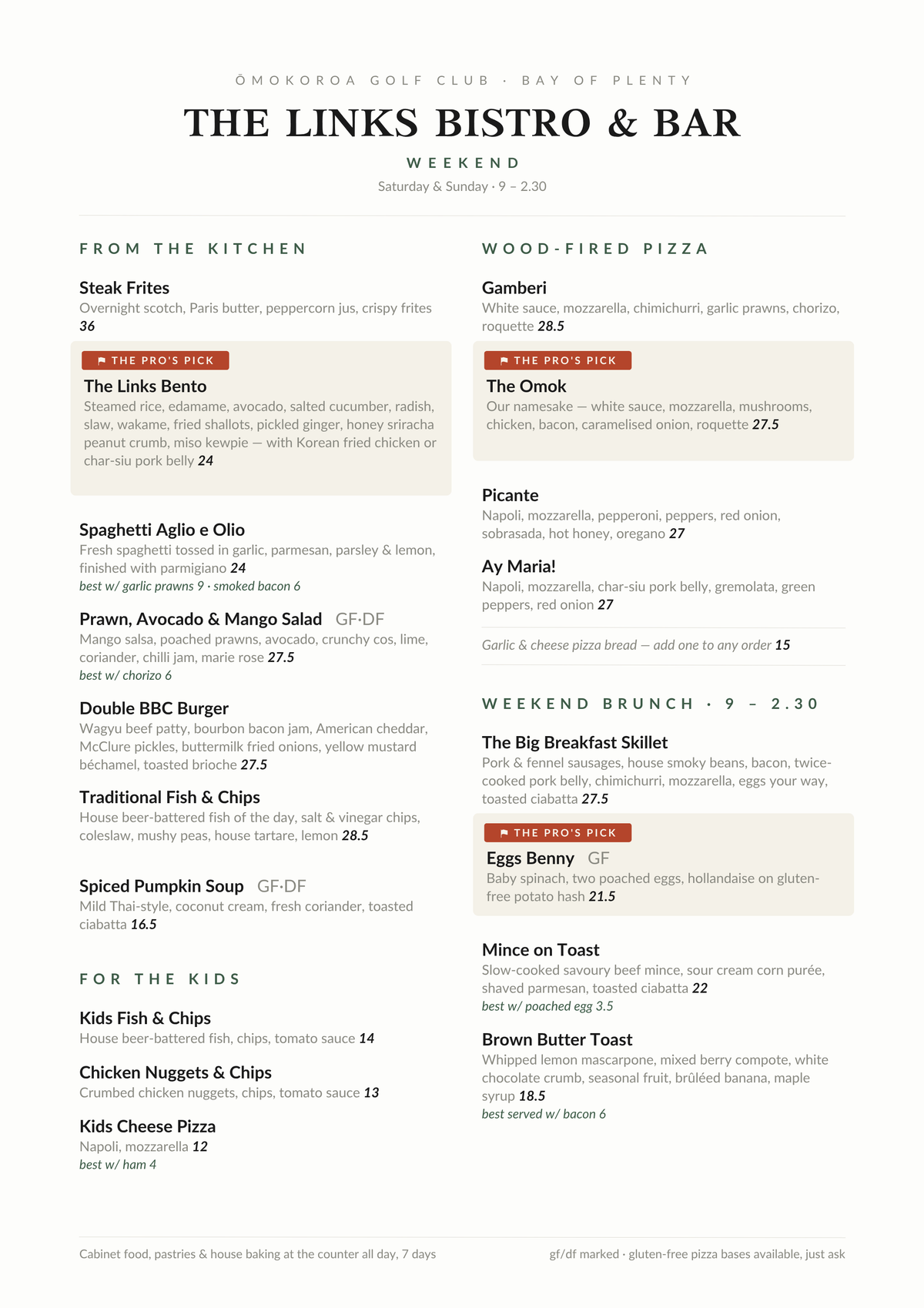 The Links Ōmokoroa menu